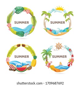 Farbige Vektorillustration Set mit sommerlichen Dekorationselementen wie Ozean, Kokospalmen, Wassermelonen, Leuchtturm, Umlaufrahmen für Werbeplakate oder Verkaufstitel