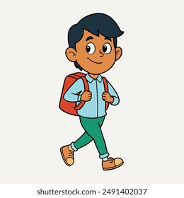 A colourful vector of a smiling student with a school bag, walking and wearing casual clothes.