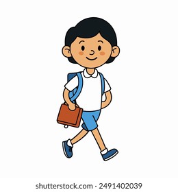 A colourful vector of a smiling student with a school bag, walking and wearing casual clothes.