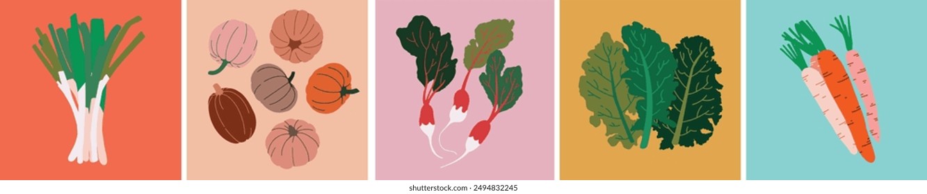 Colourful vegetable illustrations featuring green onions, pumpkins, radishes, and leafy greens. Perfect for modern decor, kitchen art, and farm-to-table projects. Adds a fresh and vibrant touch.