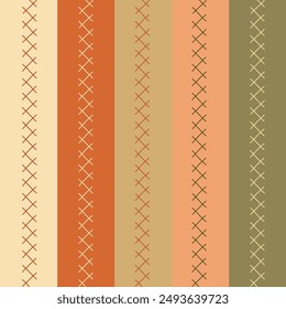 Colourful Vertical striped pattern decorated with cross-shaped stitches. Suitable for use in textiles, wallpapers, and other decorative applications.