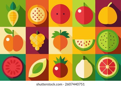 A colourful and vibrant flat lay digital illustration of fruits.