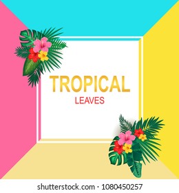 Colourful and vibrant tropical border design with flowers, palm leaves. Vector illustration