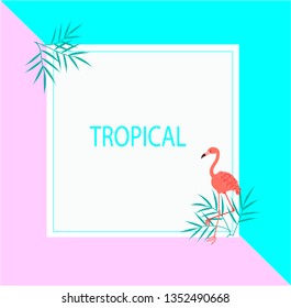 Colourful and vibrant tropical border design with flowers, palm leaves. Vector illustration