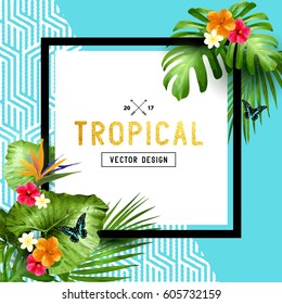 Colourful and vibrant tropical border design with flowers, palm leaves and butterflies. Vector illustration