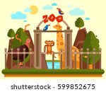 Colourful view of the zoo entrance with animals and beautiful landscape. Flat vector banner, simple design. Park exterior good for poster, booklet, wallpaper creation or children illustration.
