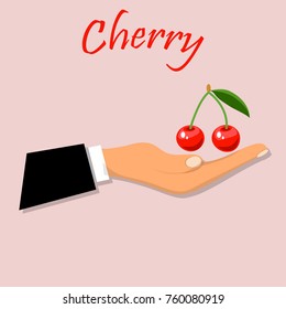 Colourful vintage Cherry label poster. Vector round label with yummy cherry on hand