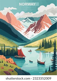 Colourful vintage poster design of the Norway