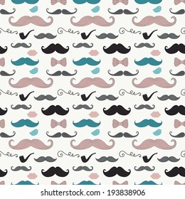 Colourful Vintage Seamless Background Pattern with Cute Retro Hipster Doodle Icons. Mustache, Pipe, Bow Tie