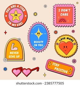 Colourful vintage stickers set. Trendy retro sticker cartoon shapes. Quote signs and comic characters labels.