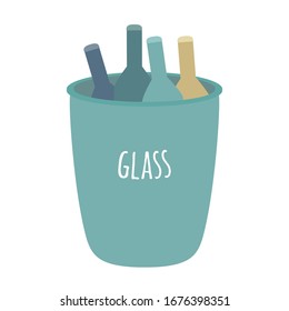 Colourful waste bin for glass. Waste sorting, less plastic, zero waste, 5R, say no to plastic concepts. Waste reduce infographic for poster, social media posts. Flat. Vector stock illustration.