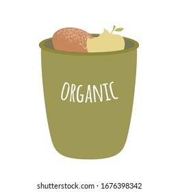 Colourful waste bin for organic. Waste sorting, less plastic, zero waste, 5R, say no to plastic concepts. Waste reduce infographic for poster, social media posts. Flat. Vector stock illustration.