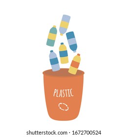 Colourful waste bin for plastic. Waste sorting, less plastic, zero waste, 5R, say no to plastic concepts. Waste reduce infographic for poster, social media posts. Flat. Vector stock illustration.