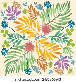 Colourful watercolour leaves arranged into a floral like pattern