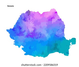 Colourful Watercolour Map design of Country Romania isolated on white background - vector illustration