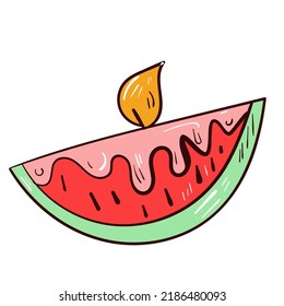 Colourful watermelon candle with fire. Wax light. Vector icon on white background.