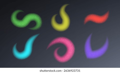 Colourful wave elements in different forms. Noise grain background, pointillism dots gradient or dotwork pattern, vector stipple effect. Grain noise halftone or grainy texture or dotwork grain noise.