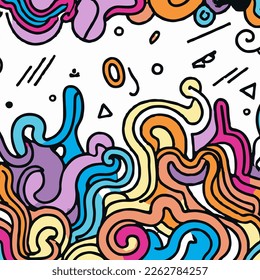 Colourful Waves Doodles Background. Handmade vector art.