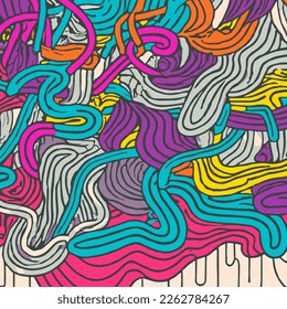 Colourful Waves Outlined Doodles. Handmade vector art.