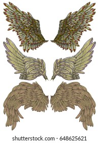 Colourful wings set. Hand drawn detailed colorful wings collection. Vintage tattoo isolated on white background. Design elements for body art concept. Vector.