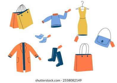 Colourful Winter Clothes with Sale Tags. Winter Fashion Illustration