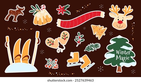 Colourful winter hand drawn stickers. Christmas vector illustration set.