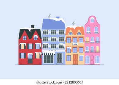 Colourful Winter houses vector flat Illustration. Scandinavian house. Christmas holiday season. 