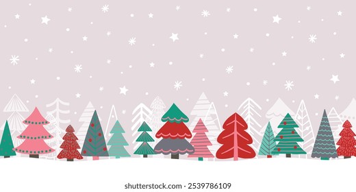 Colourful winter landscape with Christmas trees. Holiday ornaments. Vector illustration