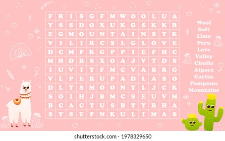 Colourful word search puzzle for kids with cute llama character and cactuses, riddle for children books or printable worksheets on pink background, peru themed quiz