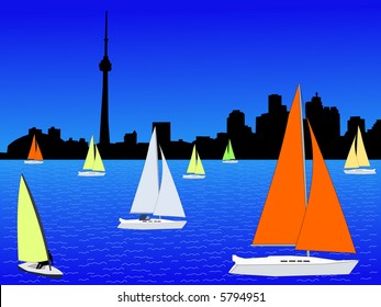 colourful yachts on Lake Ontario and Toronto skyline