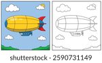 Colourful Zeppelin vector with black and white outline for page coloured illustration. Good for coloring book.