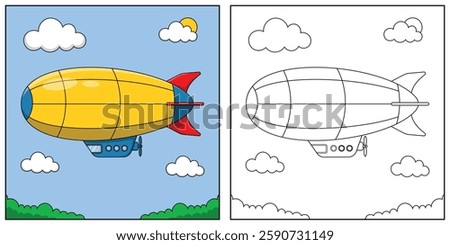 Colourful Zeppelin vector with black and white outline for page coloured illustration. Good for coloring book.