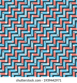 Colourful Zigzag seamless vector pattern with Polka Dots. Elegant regular vibrant geometric pattern resembling Bicycle chain. Great for wrapping paper, interior fabrics and wallpaper.