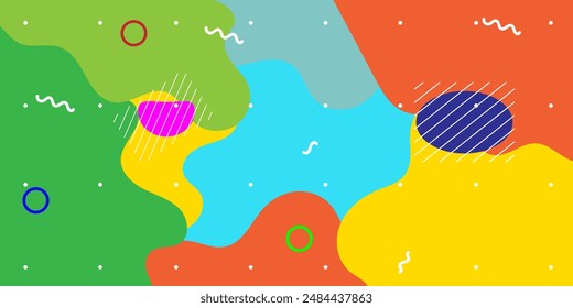 Colourfull abstract geometric pop art background with wave pattern and dots. vector overlay geometric design of trendy memphis 80s-90s stle