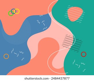 Colourfull abstract geometric pop art background with wave pattern and dots. vector overlay geometric design of trendy memphis 80s-90s stle