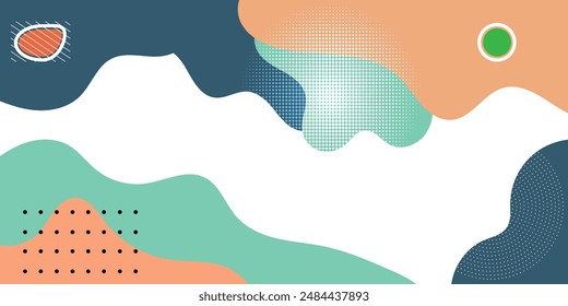 Colourfull abstract geometric pop art background with wave pattern and dots. vector overlay geometric design of trendy memphis 80s-90s stle