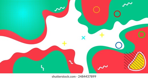 Colourfull abstract geometric pop art background with wave pattern and dots. vector overlay geometric design of trendy memphis 80s-90s stle