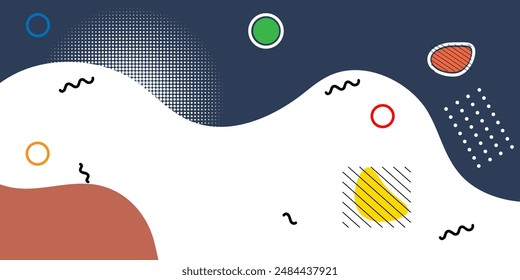Colourfull abstract geometric pop art background with wave pattern and dots. vector overlay geometric design of trendy memphis 80s-90s stle