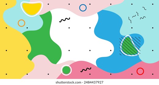 Colourfull abstract geometric pop art background with wave pattern and dots. vector overlay geometric design of trendy memphis 80s-90s stle