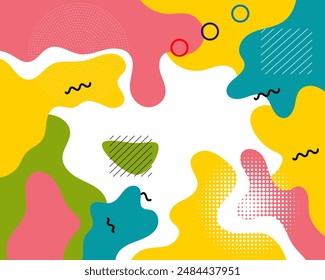 Colourfull abstract geometric pop art background with wave pattern and dots. vector overlay geometric design of trendy memphis 80s-90s stle