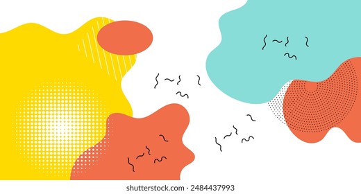 Colourfull abstract geometric pop art background with wave pattern and dots. vector overlay geometric design of trendy memphis 80s-90s stle