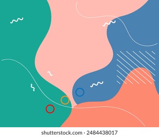 Fondo de arte pop geométrico abstracto colorido con patrón de onda y puntos. Diseño geométrico superpuesto de Vector del estilo de moda de memphis de los años 80-90