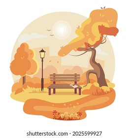 Colourfull autumn park with bench and lantern. Cool weather. Nature in warm colors. Vector illustration of nature and forest. Fall palette.