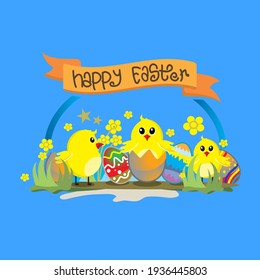 Colourfull illustration with funny little animals, flowers and eggs with the message happy easter. Happy easter. Vector illustration 
