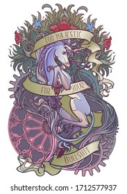 Colourfull and intricate drawing of hte legendary Unicorn on a decorative flames and plants ornament with a motivation motto. Vintage logo isolated on white background. EPS10 vector illustration