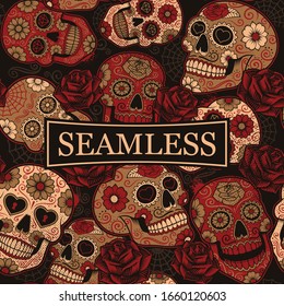 Colourfull seamless background of Mexican sugar skulls. Each colours are in a group