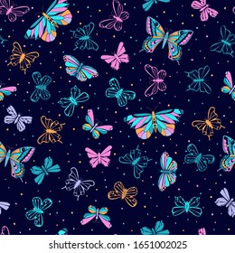 Colourfull seamless pattern of flying butterflies and dots. Tropical butterfly silhouette. Hand drawn vector illustration. Print for fabric, paper and background.