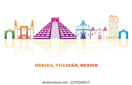 Colourfull Skyline panorama of city of Merida, Yucatan, Mexico - vector illustration