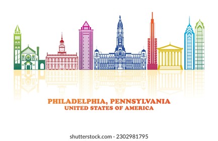 Farbiges Skyline-Panorama von Philadelphia, Pennsylvania, Vereinigte Staaten - Vektorgrafik