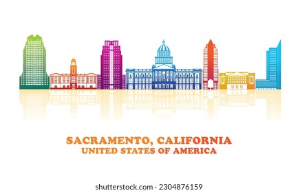 Colourfull Skyline panorama of Sacramento, California, United States - vector illustration
